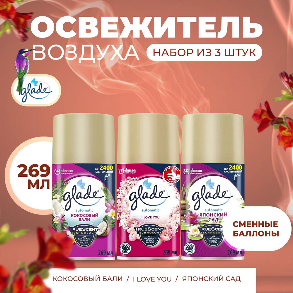 Сменный баллон для освежителя воздуха Glade 3х269/Кокосовый бали, Японский сад и I Love You  #1