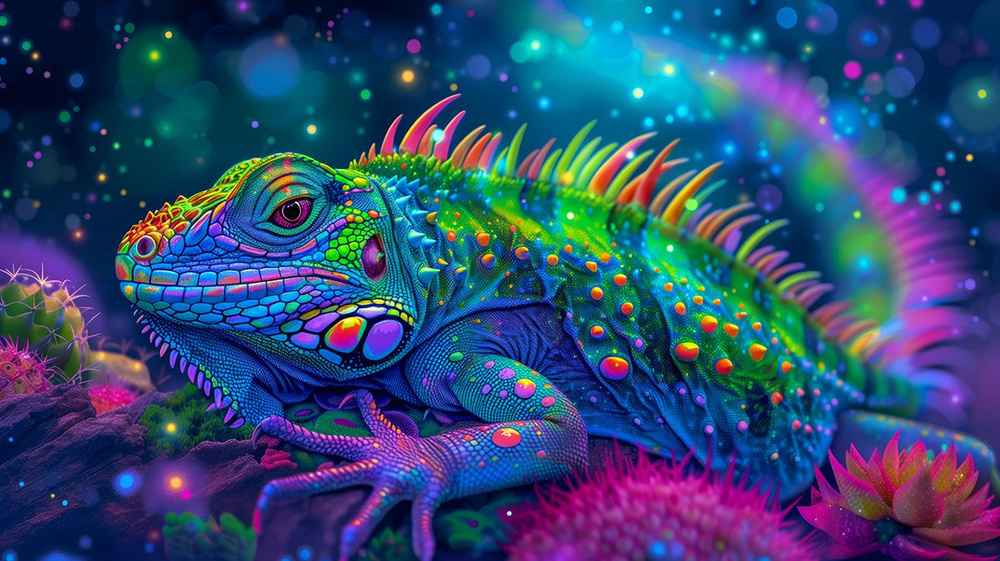 Флуоресцентный гобелен "Cosmic Iguana" - Тканевый постер фон панно, интерьерный современный арт декор, #1