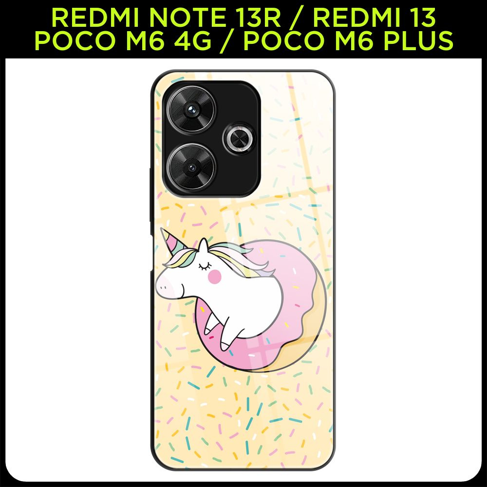 Стеклянный чехол на Redmi Note 13R/Redmi 13/Poco M6 4G/Poco M6 Plus / Редми Нот 13R с принтом "Единорог #1