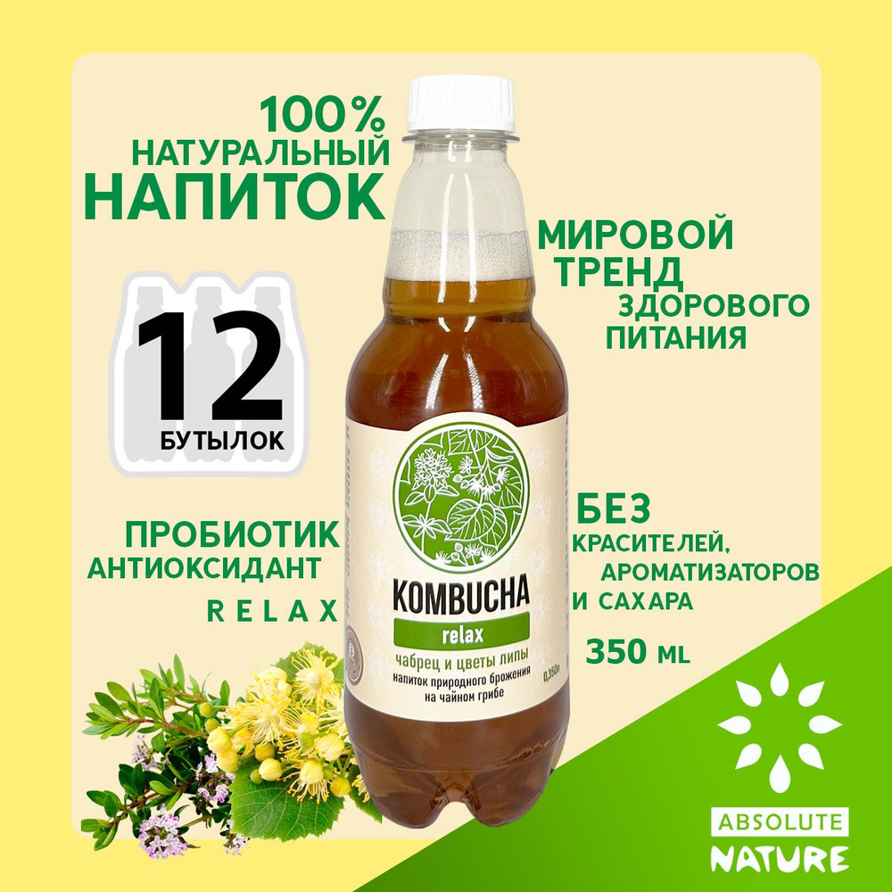 Комбуча чайный гриб Absolute Nature "KOMBUCHA-RELAX" без сахара с цветами липы и чабрецом 350 мл. 12 #1