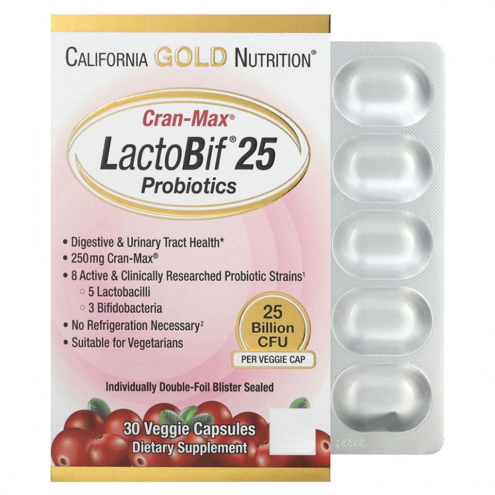 California Gold Nutrition, Lactobif, Cran-Max, пробиотики, Лактобиф, с концентратом клюквы, 25 млрд КОЕ, #1