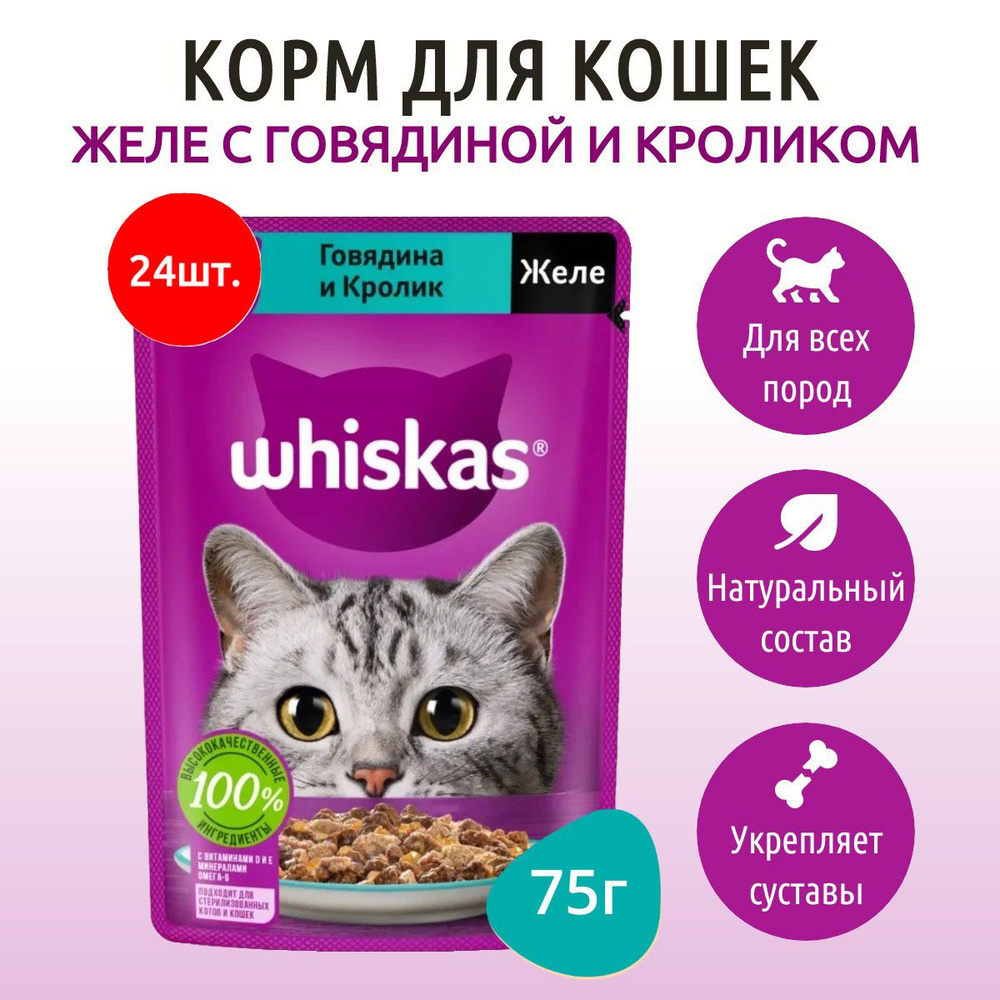 Влажный корм Whiskas 1800 г (24 упаковки по 75 грамм) для кошек желе говядина и кролик, в паучах  #1