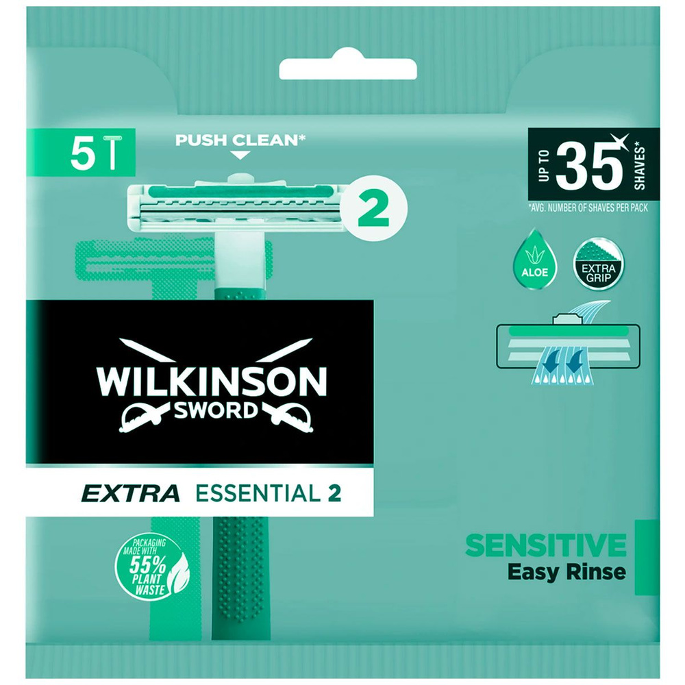 Wilkinson Sword Бритвы одноразовые EXTRA2 Essential Sensitive (5 станков), 2 лезвия, увл.полоска, прорезиненная #1