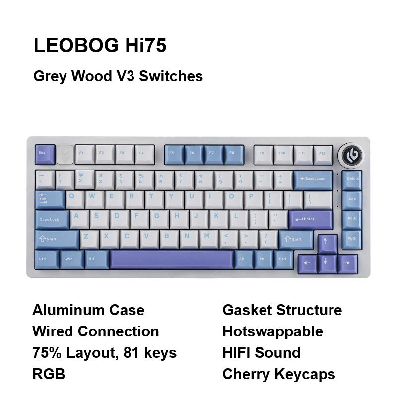 LEOBOG Игровая клавиатура проводная Hi75, Milky White Purple, Grey Wood V3 Switches, Cherry Keycaps, #1