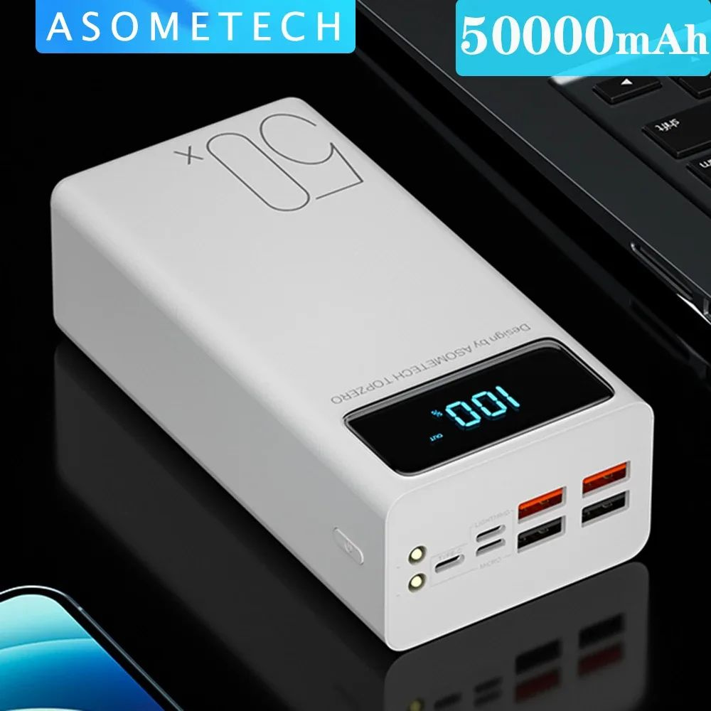 Мощный портативный повербанк 50000mAh, Внешний аккумулятор, встроенные кабеля, солнечная батарея, фонарик, #1