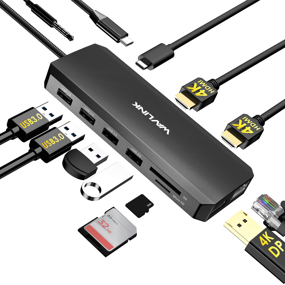 Концентратор WAVLINK 12 В 1 USB C, док-станция с тройным монитором, двойной адаптер 4K HDMI, 4K DP, 100 #1