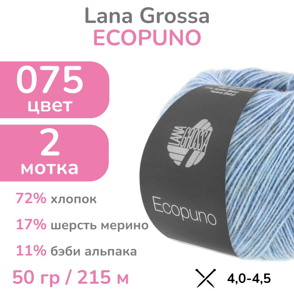 Пряжа Lana Grossa Ecopuno, цвет 075 (75 - припыленный голубой), 2 мотка (Лана Гросса Экопуно - Хлопок, #1