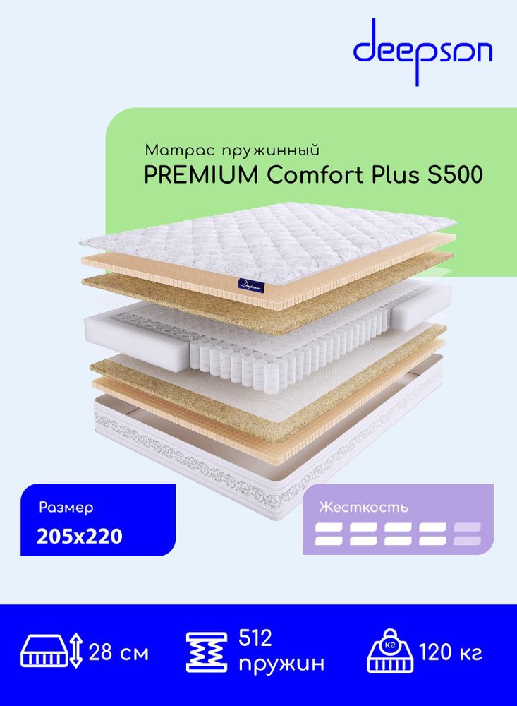 Матрас, ортопедический матрас Deepson PREMIUM Comfort Plus S500 выше средней жесткости, двуспальный, #1