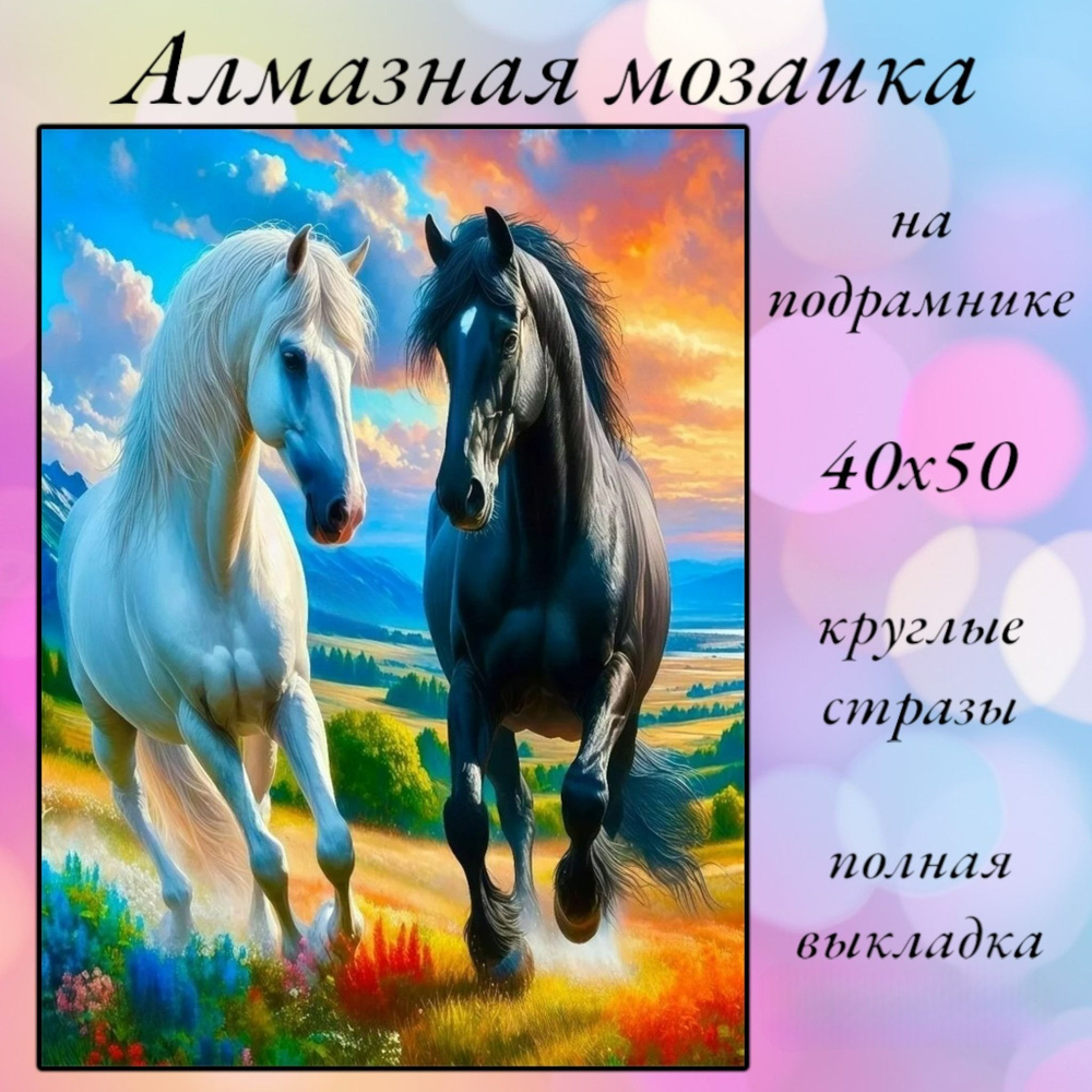 Алмазная мозаика,алмазная живопись на подрамнике 40х50 Картина стразами "Бегущие лошади"  #1