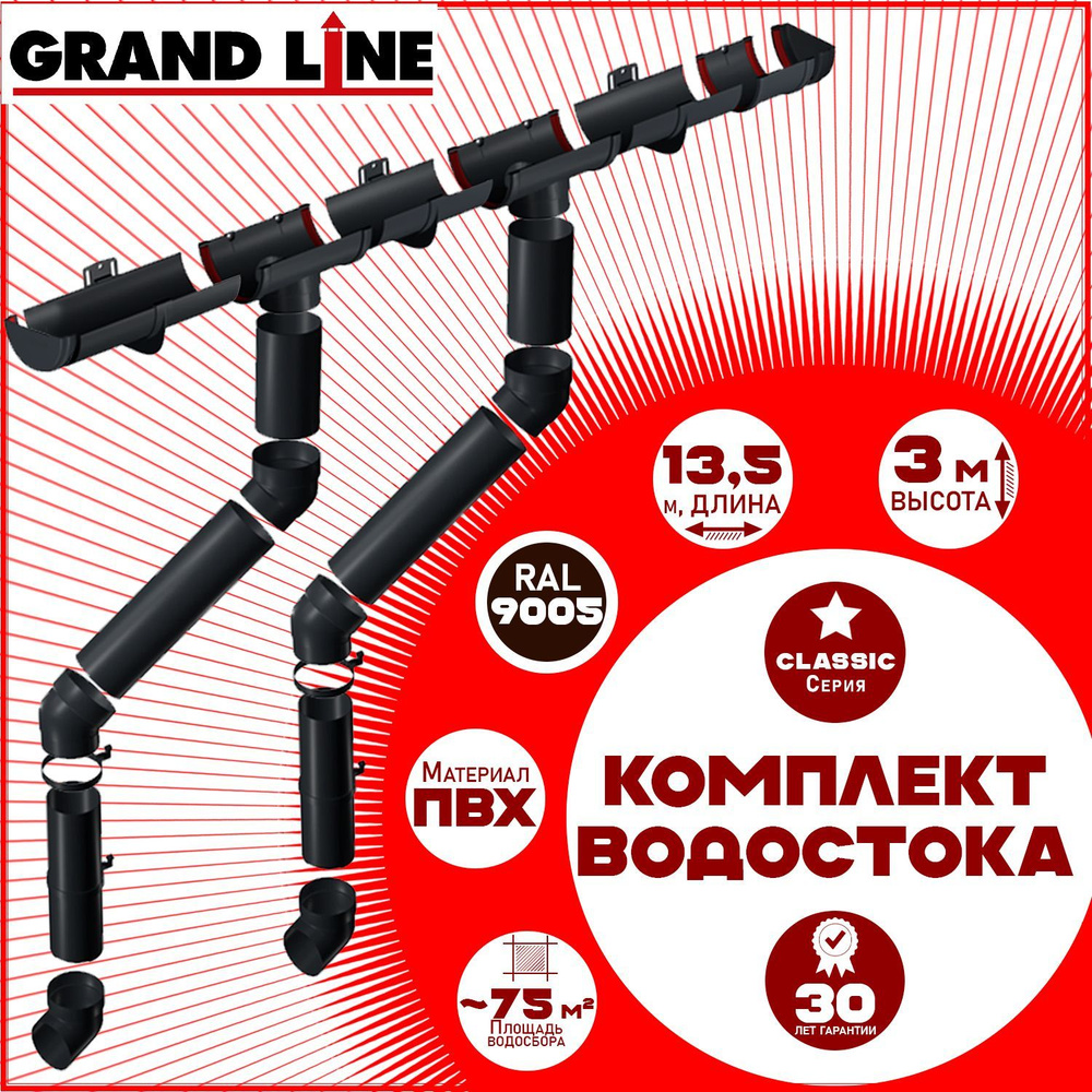 Комплект элементов водостока Grand Line на 13,5 м карниза (120мм/90мм) черный, водосточная система для #1