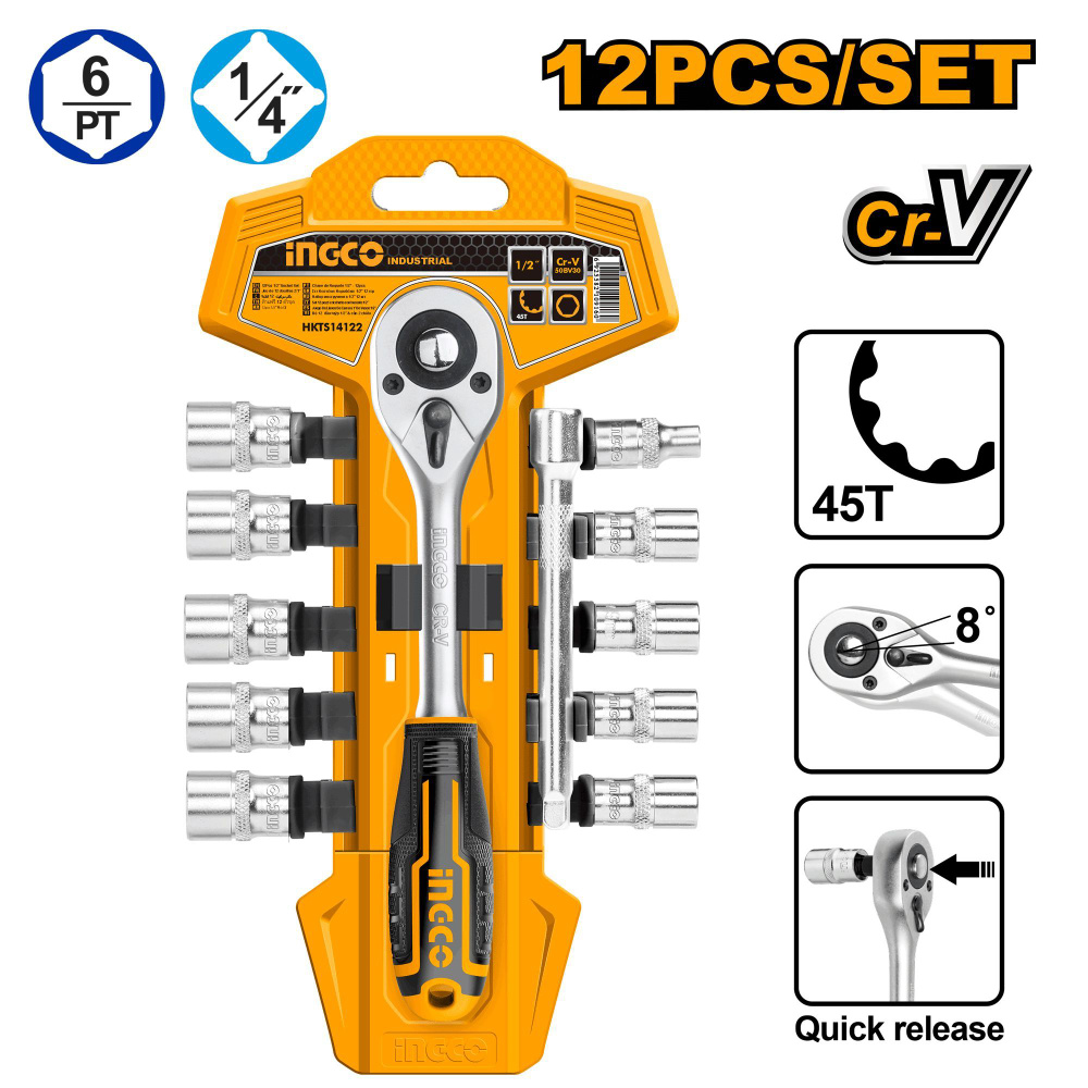 Набор торцевых головок 12 шт. с трещоткой INGCO HKTS14122 INDUSTRIAL 1/4" 5-14 мм  #1