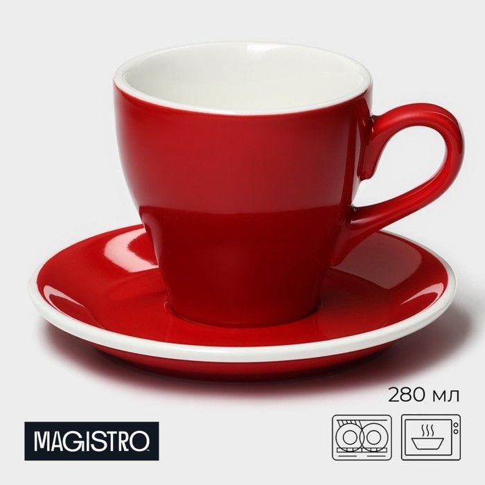 Кофейная пара Magistro фарфоровая Coffee time, 2 предмета - чашка 280 мл, блюдце D 15,5 см, цвет красный #1