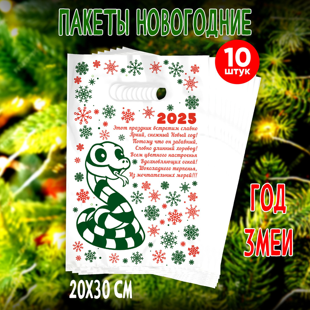 Пакеты новогодние подарочные 10 штук Год Змеи, размер 20 на 30 см.  #1