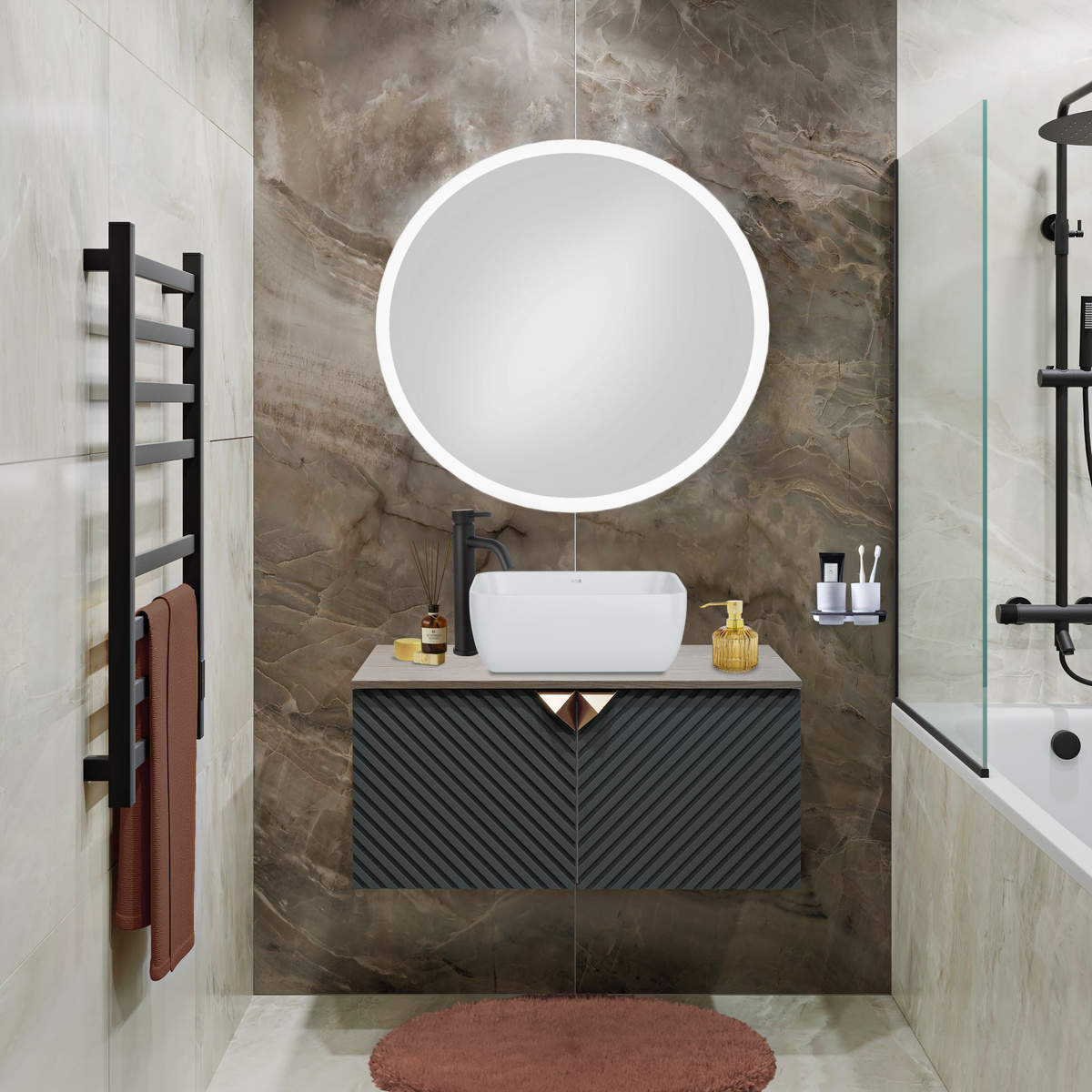 Мебель для ванной Runo Андорра 85, зеленый графит-дуб коньячный, раковина Bella, зеркало Руан d 77