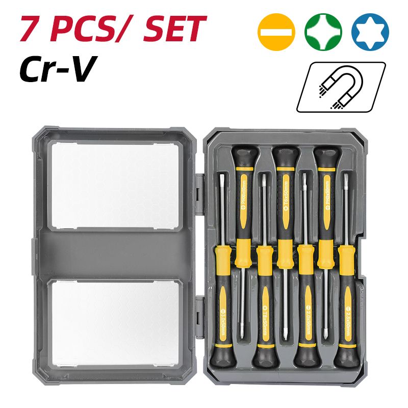 Наборпрецизионныхотверток7шт(SL,PH,Torx)DeliDL241007дляточныхработ(CrVсталь,пластиковыйкейс)