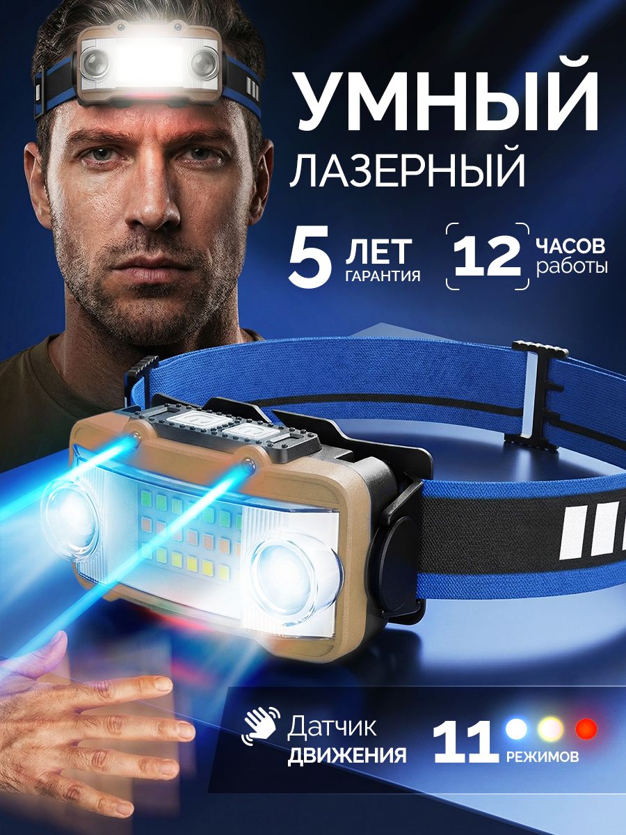 Умныйналобныйфонарьаккумуляторный,лазерныйсветодиодный,мощныйподарок