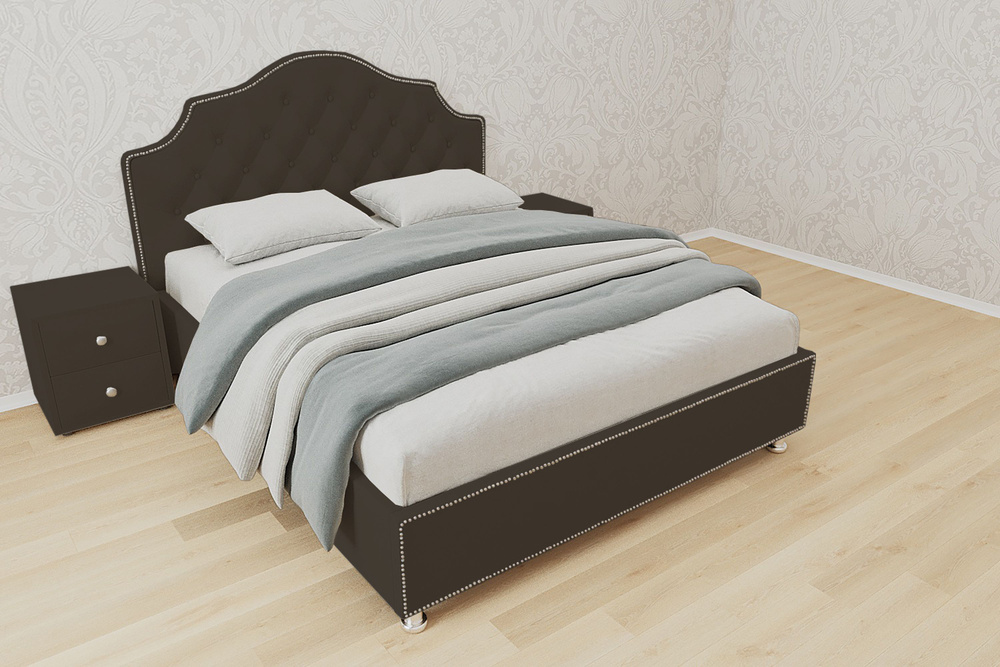 Двуспальная кровать Мария с кареткой 160x200 основание металлическое с ламелями велюр коричневый ножки #1