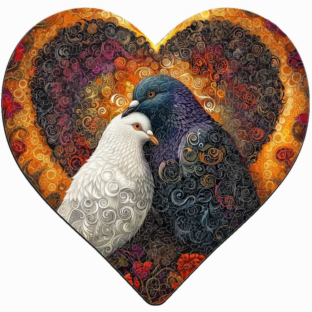Деревянный пазл "Влюблённые Голуби" в виде сердца, 29х28см, 267 деталей / Фигурный / Подарок для взрослых #1
