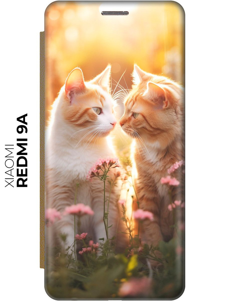 Чехол-книжка на Xiaomi Redmi 9A / Сяоми Редми 9А с рисунком "Влюбленные котики" золотой  #1