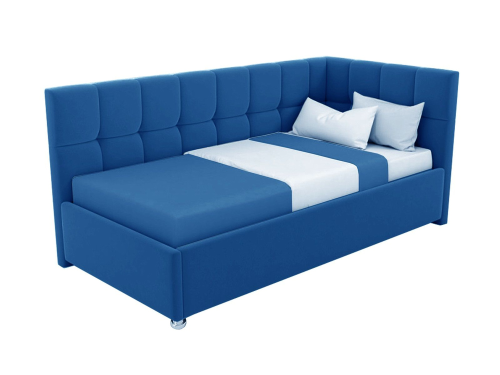 Односпальная кровать Эльза 120x200 основание металлическое с ламелями велюр синий ножки 5 см угол левый #1