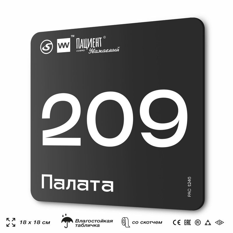 Табличка информационная "Палата №209" для медучреждения, 18х18 см, пластиковая, SilverPlane x Айдентика #1