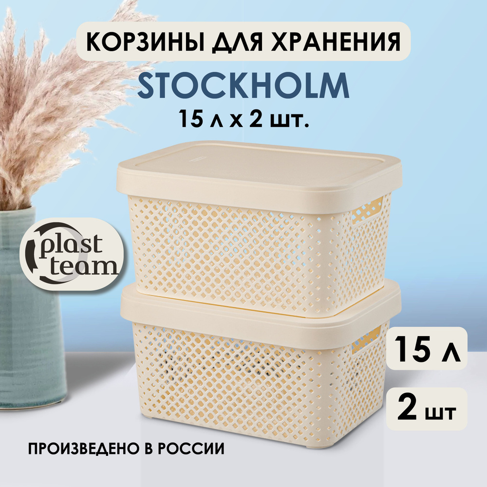 Корзины для хранения с крышкой 15 л, 2 шт Plast Team Stockholm, молочный туман органайзер  #1