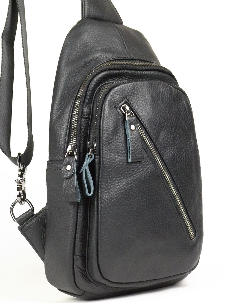 Мужская сумка рюкзак слинг на грудь из натуральной кожи, через плечо, черный, 31x18x6см  #1