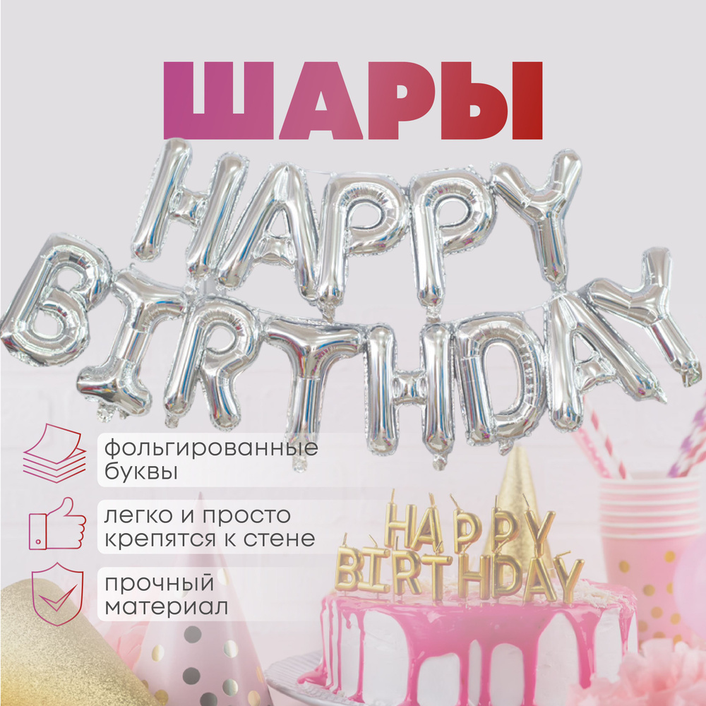 Растяжка с днем рождения шары happy birthday надпись, фольгированные. Набор 13 букв, гирлянда из воздушных #1