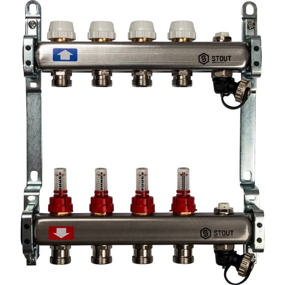 Коллектор из нержавеющей стали с расходомерами, с клапаном выпуска воздуха и сливом на 4 выхода, STOUT, #1