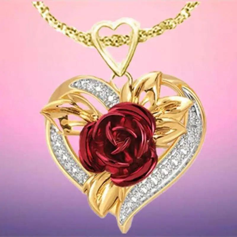 Нежное темпераментное ожерелье под розовое золото в форме сердца с красной розой. Цепочка 50 см.  #1