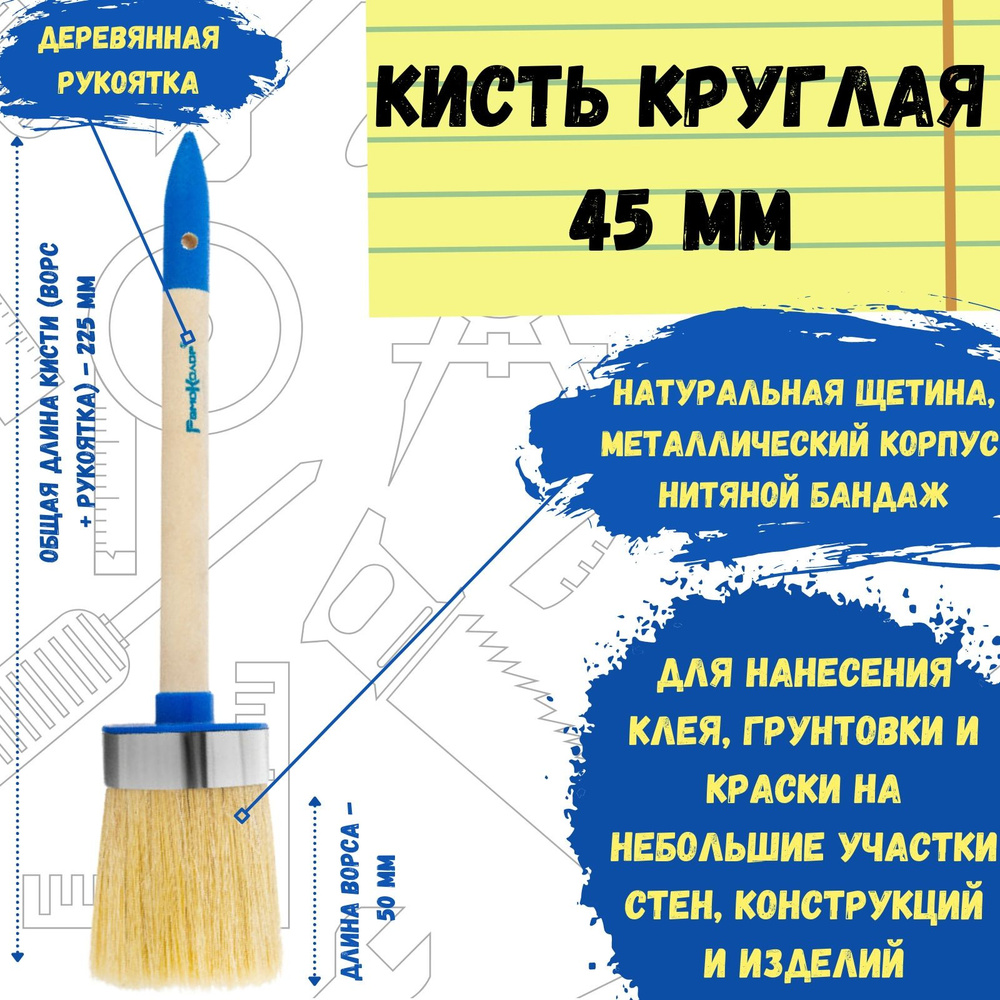 Кисть малярная, кисточка круглая для краски 45 мм #1