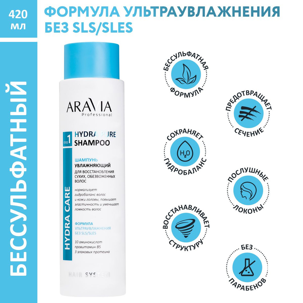 ARAVIA Professional Шампунь увлажняющий для восстановления сухих, обезвоженных волос бессульфатный Hydra #1