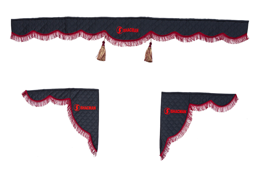 Ламбрекен с косынками двусторонний на лобовое SHACMAN. Черный цвет с бордовыми кисточками. Ткань экокожа #1