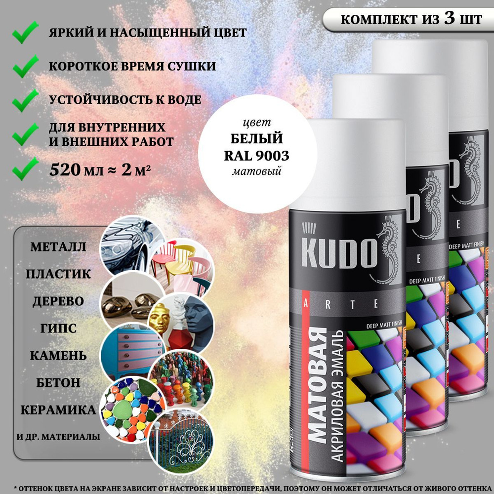 Краска универсальная KUDO "Extra Gloss Finish", акриловая, белая, RAL 9003, матовая, аэрозоль, 520 мл, #1