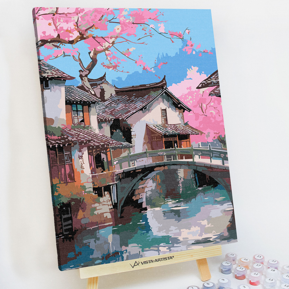 Картина по номерам, холст на подрамнике - Мостовая в японской деревне - Япония, пейзаж 30х40см.  #1