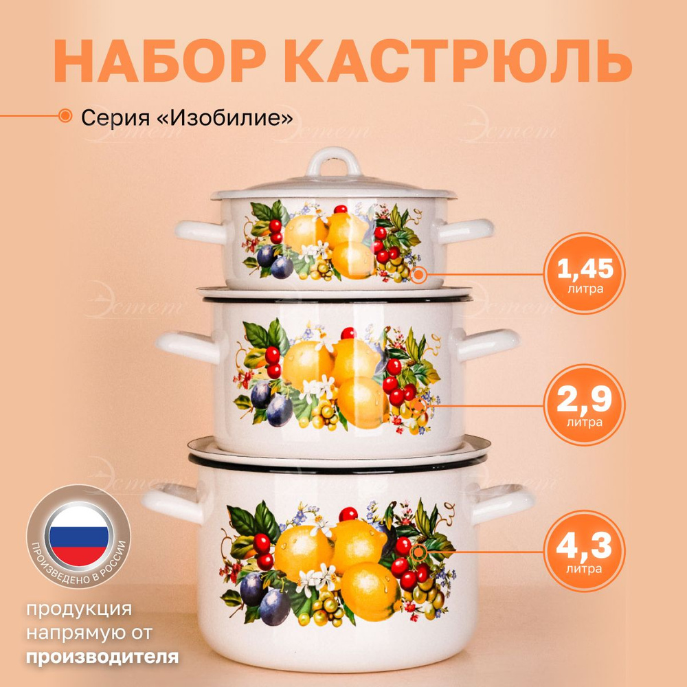 Набор кастрюль с крышками эмалированный из 3-х 1.45л, 2.9 и 4.3 литра  #1