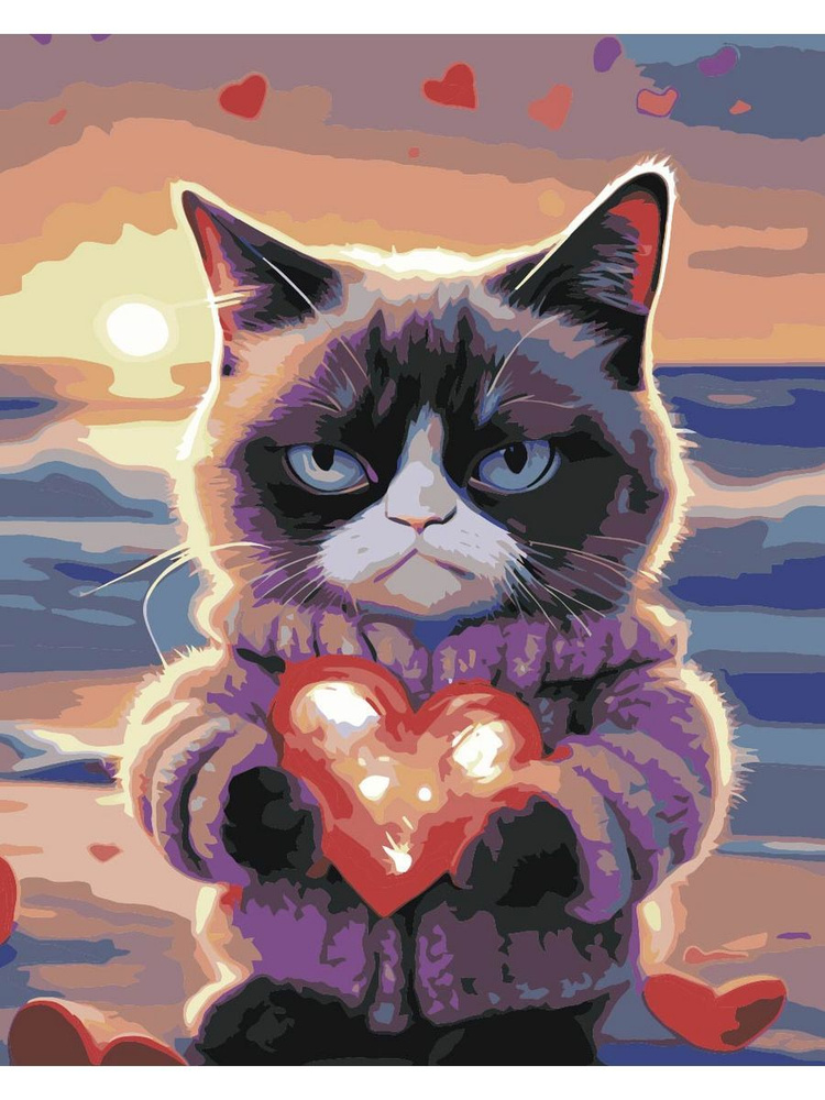 Картина по номерам грустный кот на холсте с деревянным подрамником размер 40х50, акриловые краски, кисточки, #1