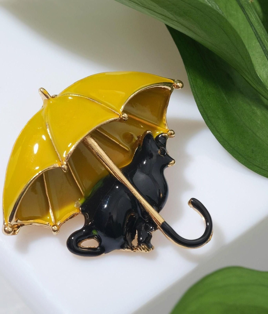 Брошь Кошка под зонтом, цвет чёрно-жёлтый в золоте #1