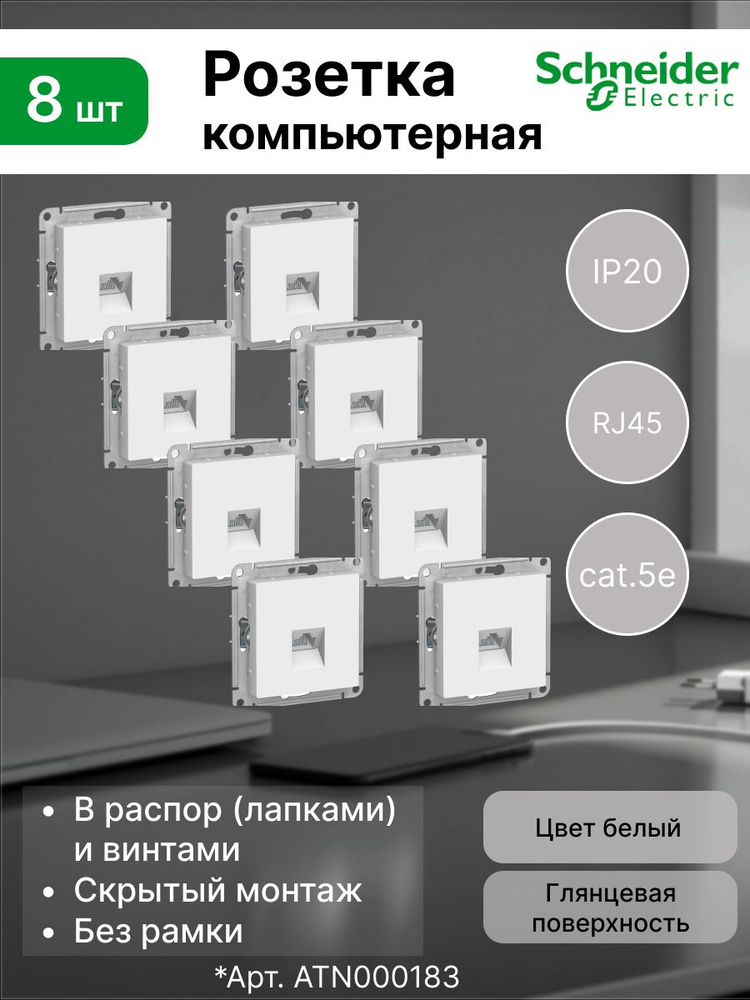 Компьютерная розетка Schneider Electric ATLAS DESIGN PC кат. 5e для кабеля интернета, белая (комплект #1