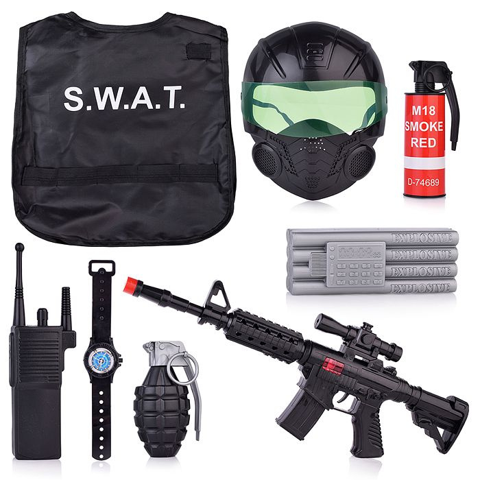 Набор полицейского YA-3N (жилет, каска, оружие, часы, рация, значок, наручники) в пакете  #1