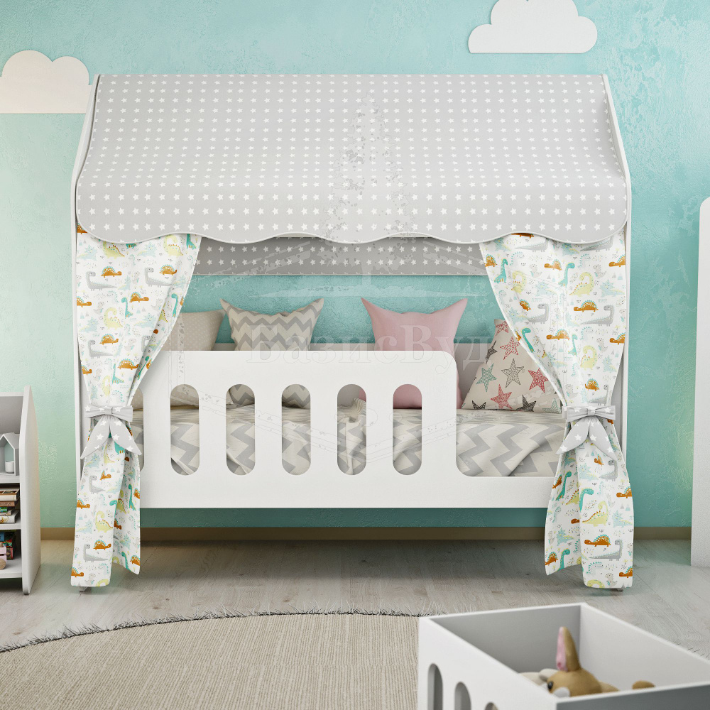 Кровать-домик, Кровать детская с бортиком под матрас 160х80, БазисВуд "Классик" с текстилем (серый с #1