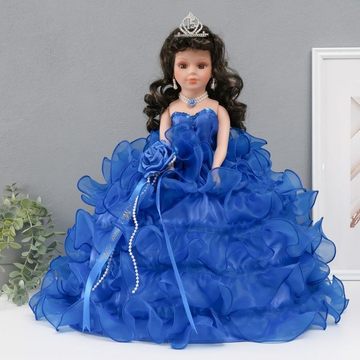 Кукла коллекционная зонтик керамика "Леди в синем платье с розой, в тиаре" 45 см  #1
