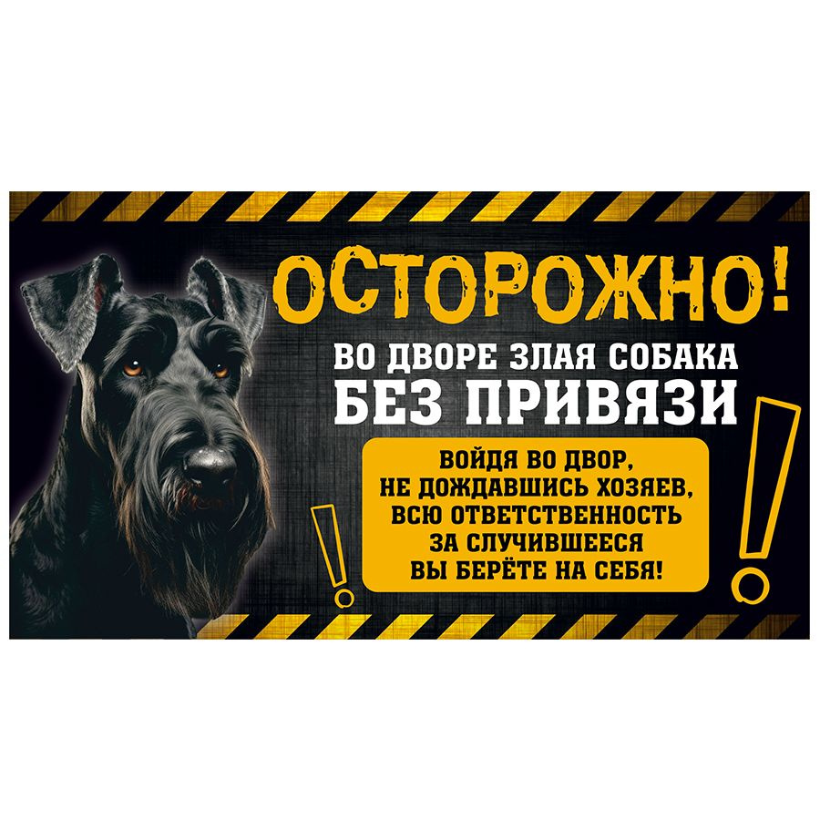 Табличка, с юмором, DANGER DOG, Осторожно! Во дворе собака без привязи, Ризеншнауцер, 25x14 см  #1