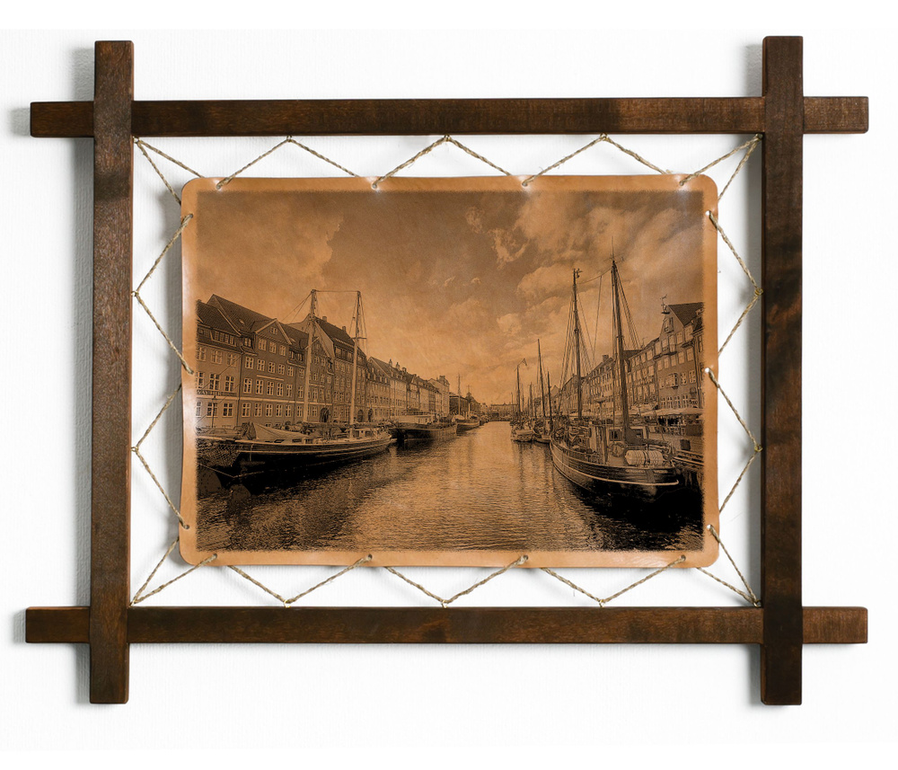 Картина Гавань Нюхавн, Дания, гравировка на натуральной коже, интерьерная для украшения и декора на стену #1