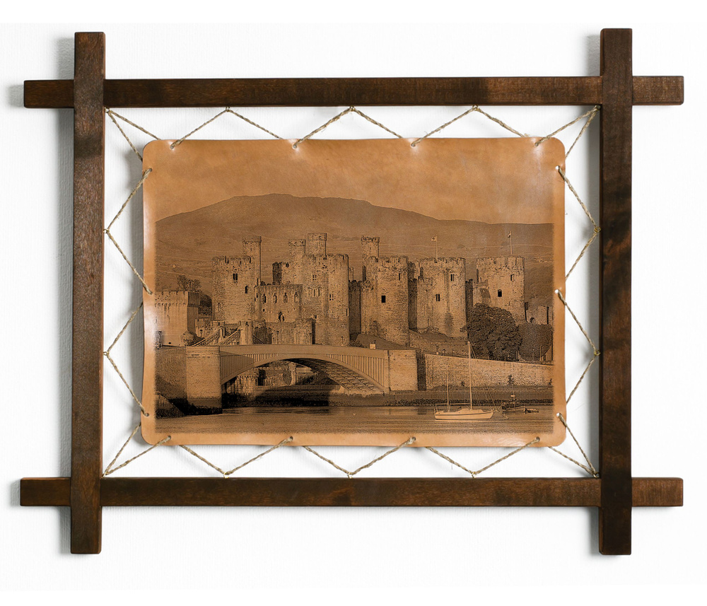 Картина "Замок Конуи, Уэльс", гравировка на натуральной коже, интерьерная для украшения и декора на стену #1