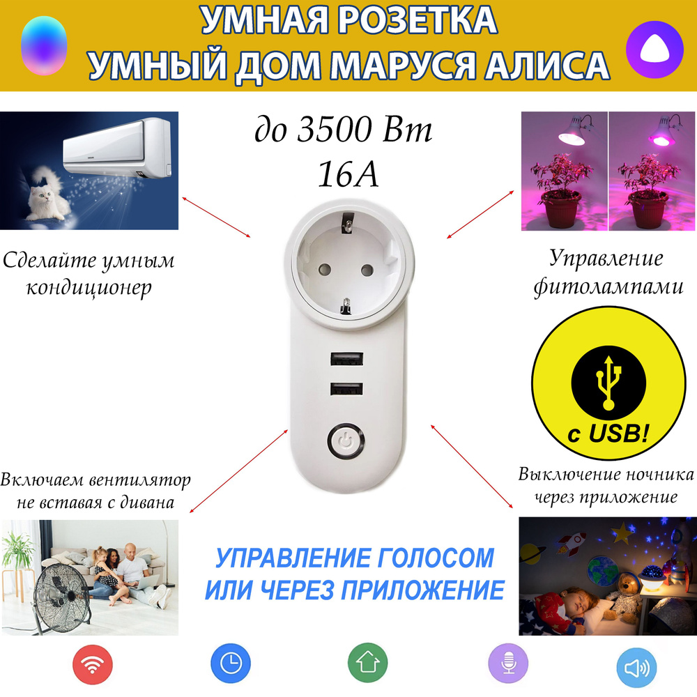 Wi-Fi розетка с 2 портами USB Tuya с Яндекс Алисой #1