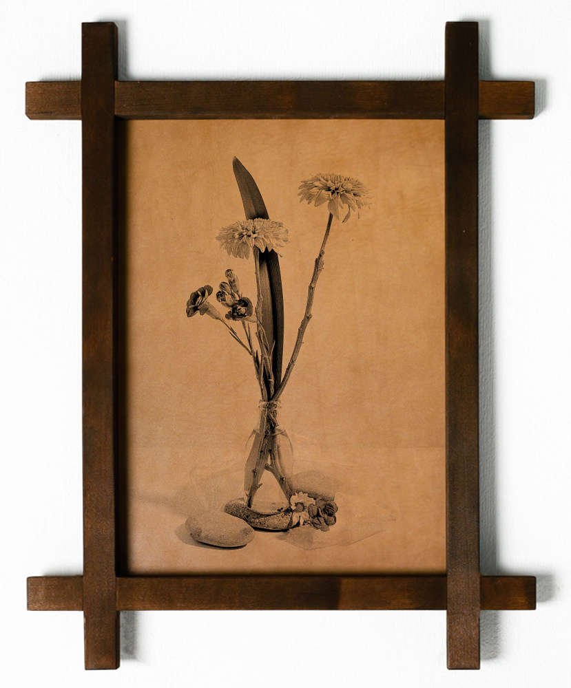 Картина "Хризантемы и камни, натюрморт", гравировка на натуральной коже, интерьерная для украшения и #1