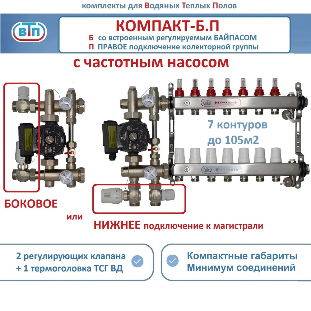 Комплект коллекторов для теплого пола ВТП КОМПАКТ-Б.П (с байпасом) 7 контуров, коллектор справа, смесительный #1