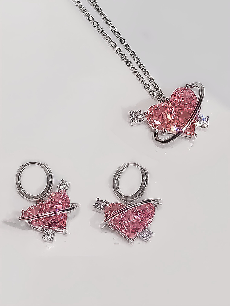 Комплект женской бижутерии, набор украшений Серьги и цепочка с подвеской розовое Сердце  #1