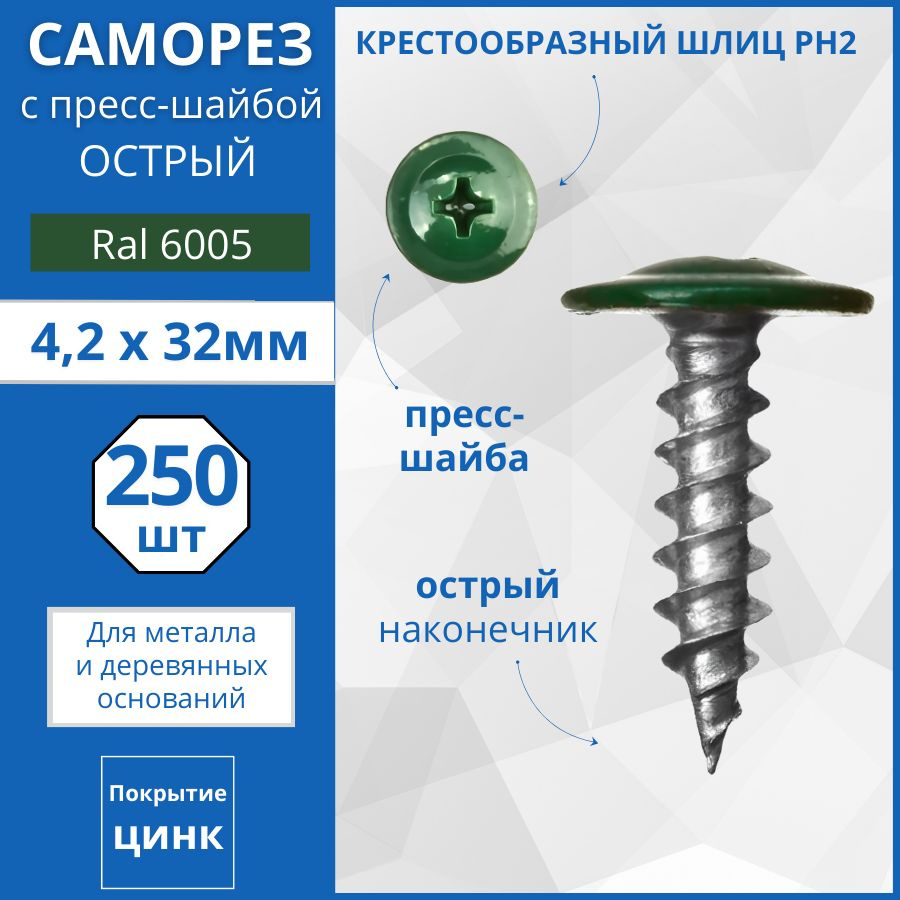 Caморез с прессшабой острый RAL6005 4,2х32мм - 250 шт. #1